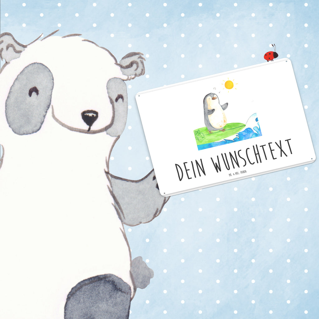 Personalisiertes Blechschild Pinguin Surfer Blechschild, Metallschild, Geschenk Schild, Schild, Magnet-Metall-Schild, Deko Schild, Wandschild, Wand-Dekoration, Türschild, Pinguin, Pinguine, surfen, Surfer, Hawaii, Urlaub, Wellen, Wellen reiten, Portugal