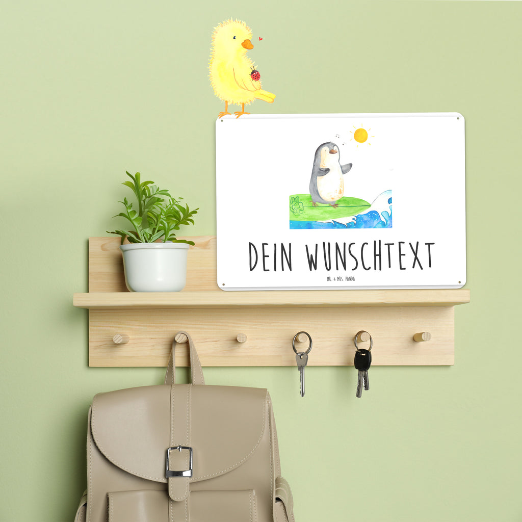 Personalisiertes Blechschild Pinguin Surfer Blechschild, Metallschild, Geschenk Schild, Schild, Magnet-Metall-Schild, Deko Schild, Wandschild, Wand-Dekoration, Türschild, Pinguin, Pinguine, surfen, Surfer, Hawaii, Urlaub, Wellen, Wellen reiten, Portugal