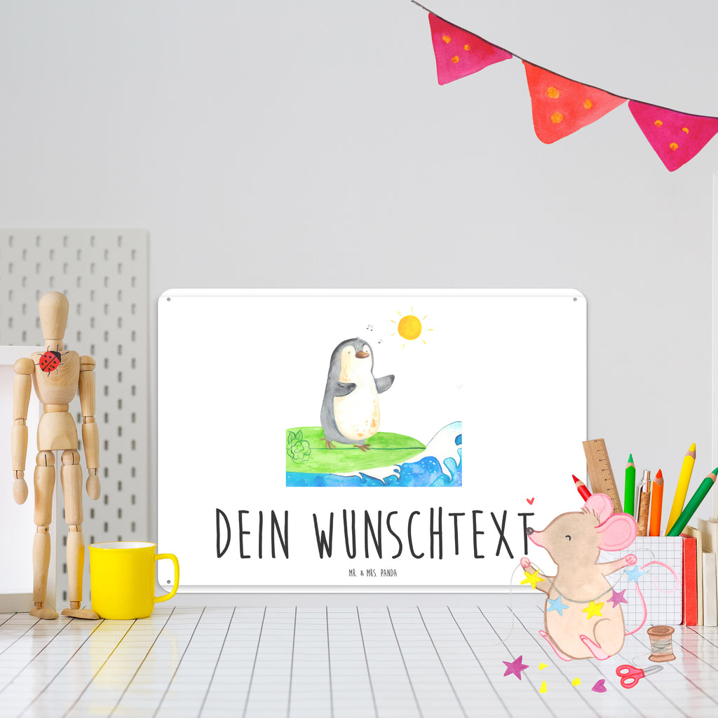 Personalisiertes Blechschild Pinguin Surfer Blechschild, Metallschild, Geschenk Schild, Schild, Magnet-Metall-Schild, Deko Schild, Wandschild, Wand-Dekoration, Türschild, Pinguin, Pinguine, surfen, Surfer, Hawaii, Urlaub, Wellen, Wellen reiten, Portugal