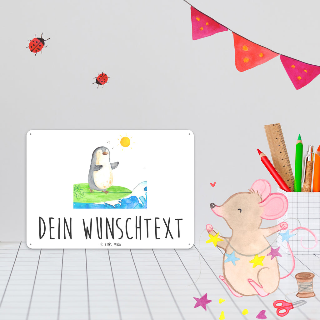 Personalisiertes Blechschild Pinguin Surfer Blechschild, Metallschild, Geschenk Schild, Schild, Magnet-Metall-Schild, Deko Schild, Wandschild, Wand-Dekoration, Türschild, Pinguin, Pinguine, surfen, Surfer, Hawaii, Urlaub, Wellen, Wellen reiten, Portugal