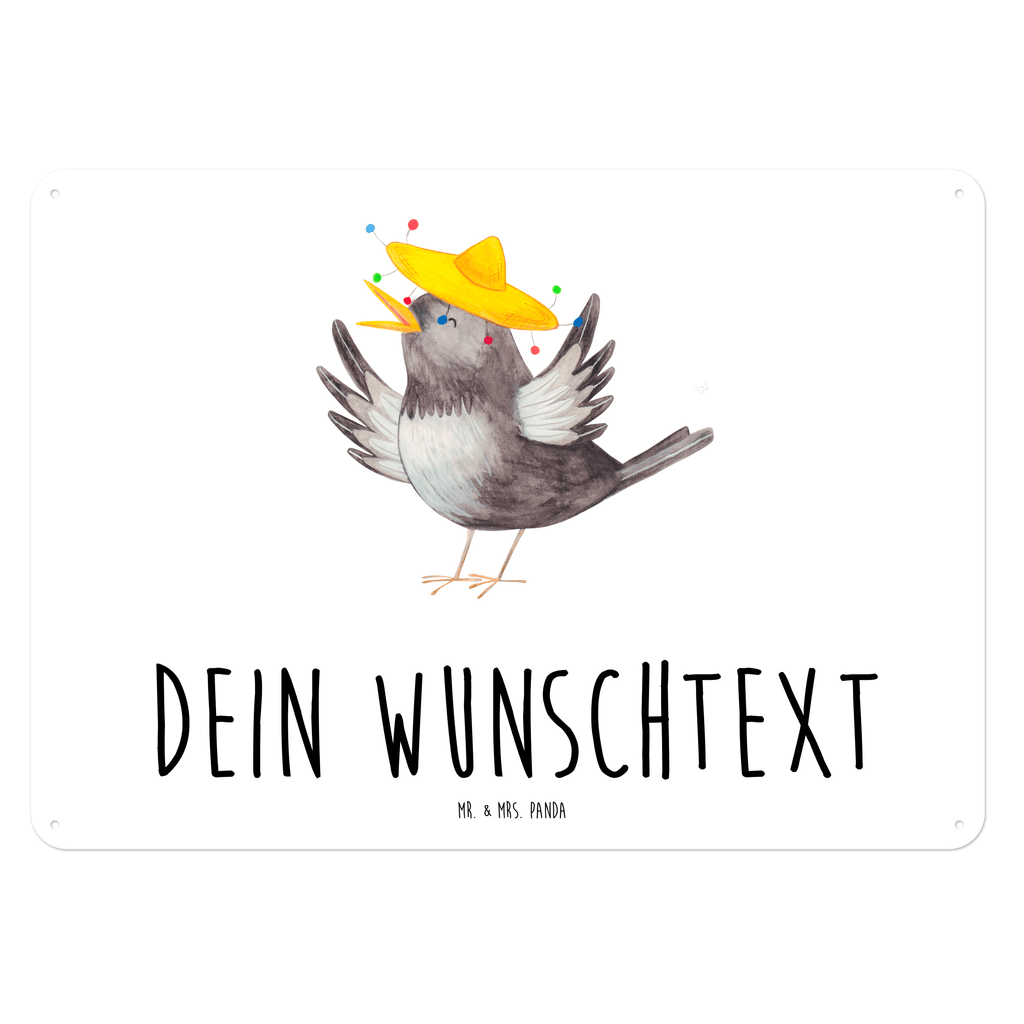 Personalisiertes Blechschild Rabe mit Sombrero Blechschild, Metallschild, Geschenk Schild, Schild, Magnet-Metall-Schild, Deko Schild, Wandschild, Wand-Dekoration, Türschild, süße Tiermotive, gute Laune, lustige Sprüche, Tiere, Rabe, Vogel, Vögel, Spruch positiv, fröhlich sein, glücklich sein, Glück Spruch, froh, Elster, Motivation