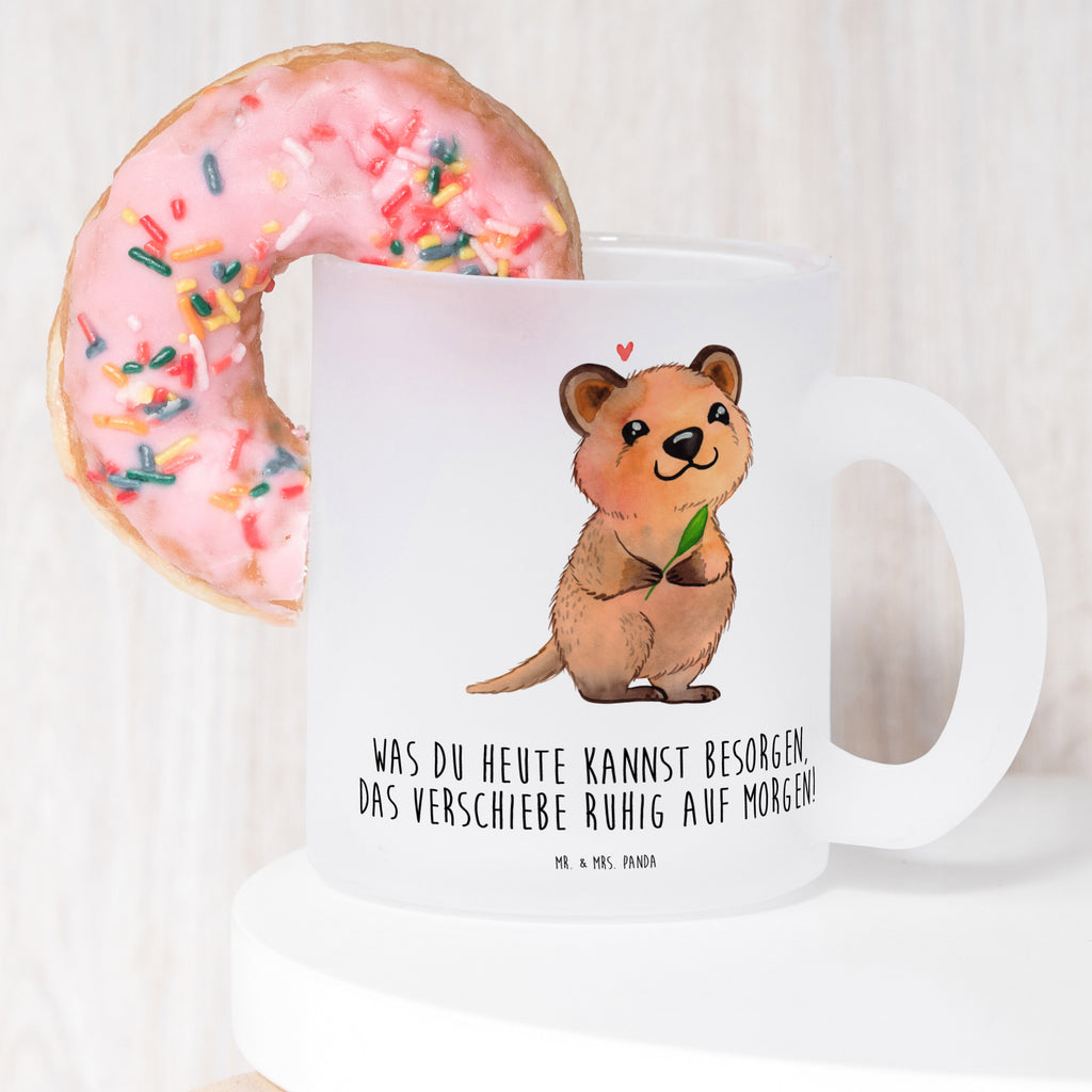 Teetasse Quokka Happy Teetasse, Teeglas, Teebecher, Tasse mit Henkel, Tasse, Glas Teetasse, Teetasse aus Glas, Tiermotive, Gute Laune, lustige Sprüche, Tiere, Quokka, Verschieben, Aufschieberitis, Lustiger Spruch, Niedliches Tier, Dinge erledigen