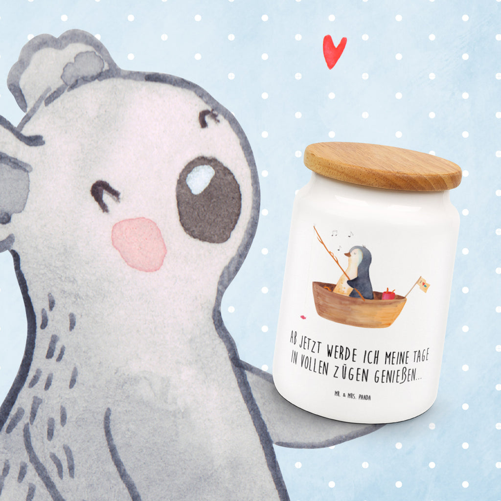 Vorratsdose Pinguin Angelboot Pinguin, Pinguine, Angeln, Boot, Angelboot, Lebenslust, Leben, genießen, Motivation, Neustart, Neuanfang, Trennung, Scheidung, Geschenkidee Liebeskummer,	 Vorratsdose, Keksdose, Keramikdose, Leckerlidose, Dose  Pinguin