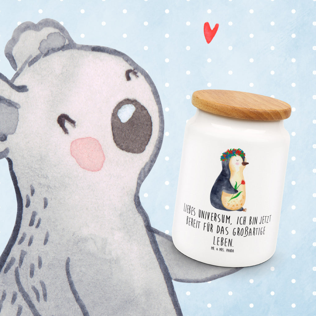 Vorratsdose Pinguin Blumenkranz Pinguin, Pinguine, Blumenkranz, Universum, Leben, Wünsche, Ziele, Lebensziele, Motivation, Lebenslust, Liebeskummer, Geschenkidee	 Vorratsdose, Keksdose, Keramikdose, Leckerlidose, Dose  Pinguin