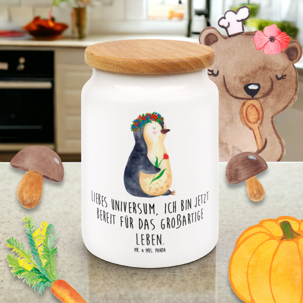 Vorratsdose Pinguin Blumenkranz Pinguin, Pinguine, Blumenkranz, Universum, Leben, Wünsche, Ziele, Lebensziele, Motivation, Lebenslust, Liebeskummer, Geschenkidee	 Vorratsdose, Keksdose, Keramikdose, Leckerlidose, Dose  Pinguin