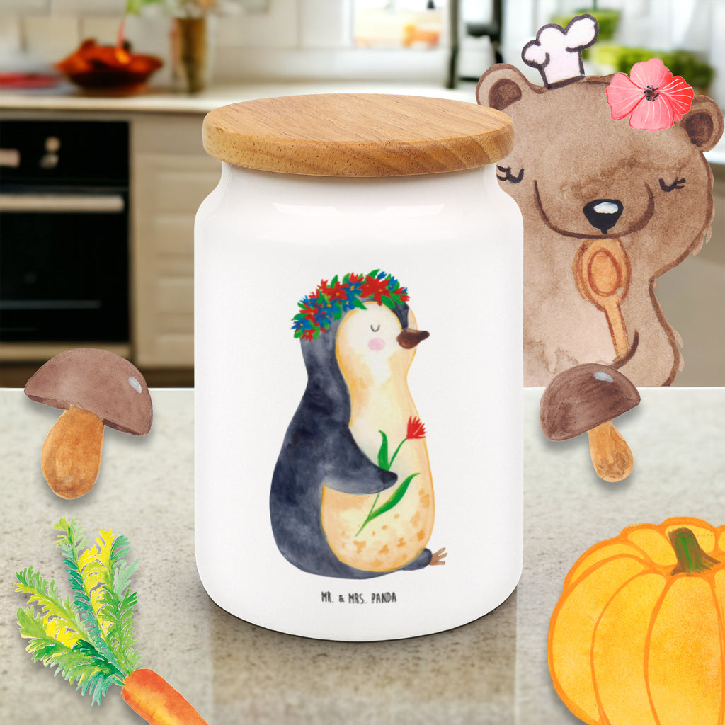 Vorratsdose Pinguin Blumenkranz Pinguin, Pinguine, Blumenkranz, Universum, Leben, Wünsche, Ziele, Lebensziele, Motivation, Lebenslust, Liebeskummer, Geschenkidee	 Vorratsdose, Keksdose, Keramikdose, Leckerlidose, Dose  Pinguin