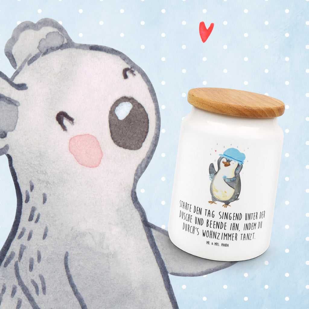 Vorratsdose Pinguin duscht Pinguin, Pinguine, Dusche, duschen, Lebensmotto, Motivation, Neustart, Neuanfang, glücklich sein,  Vorratsdose, Keksdose, Keramikdose, Leckerlidose, Dose  Pinguin