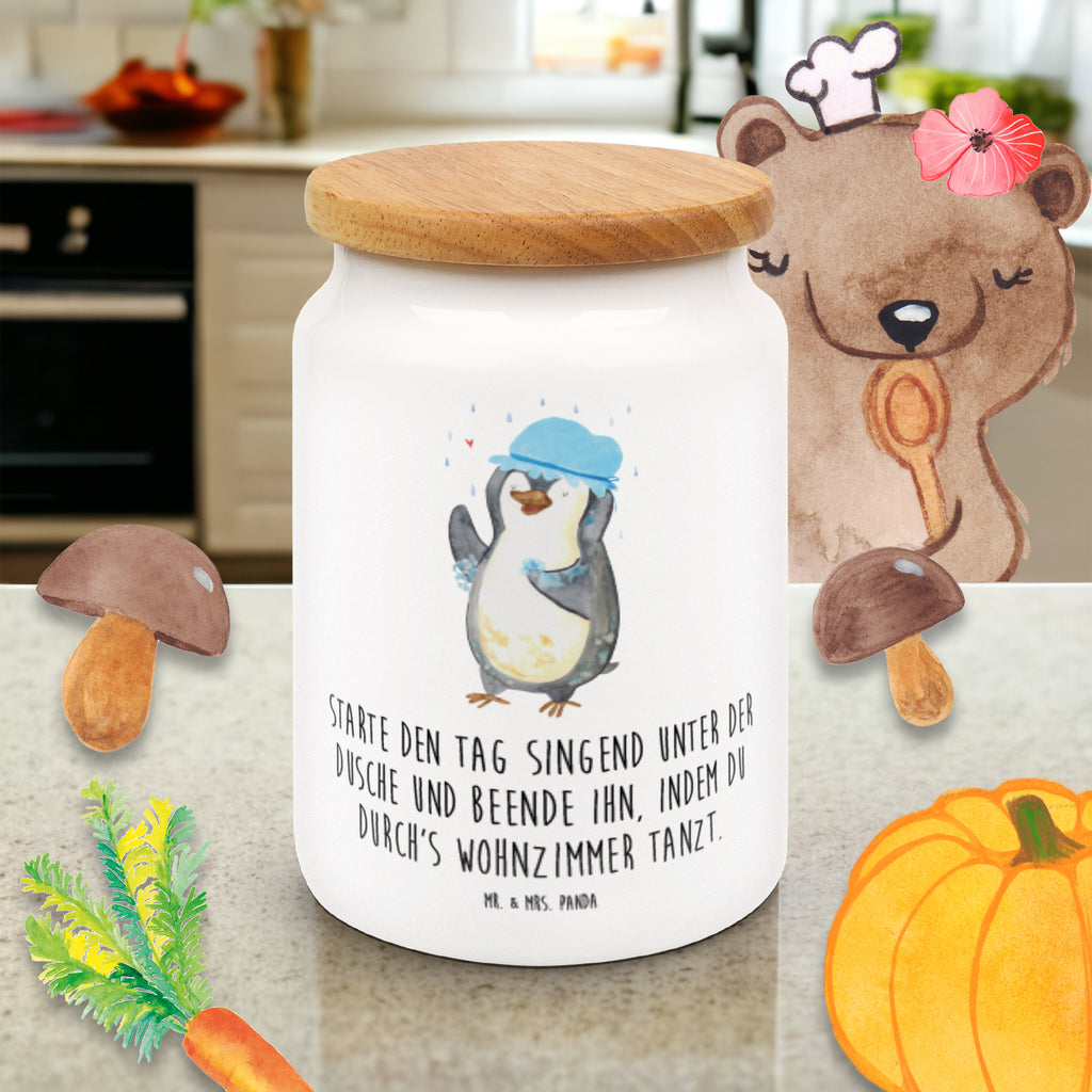 Vorratsdose Pinguin duscht Pinguin, Pinguine, Dusche, duschen, Lebensmotto, Motivation, Neustart, Neuanfang, glücklich sein,  Vorratsdose, Keksdose, Keramikdose, Leckerlidose, Dose  Pinguin