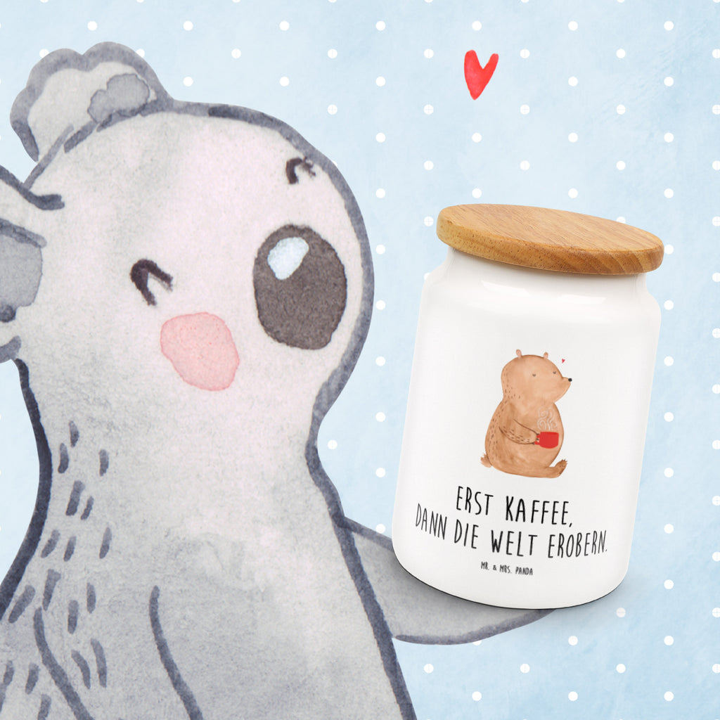 Vorratsdose Bär Kaffee Kaffee, Coffee, Bär, Bären, guten Morgen, Morgenroutine, Welt erobern, Welt retten, Motivation	 Vorratsdose, Keksdose, Keramikdose, Leckerlidose, Dose  Bär, Teddy, Teddybär