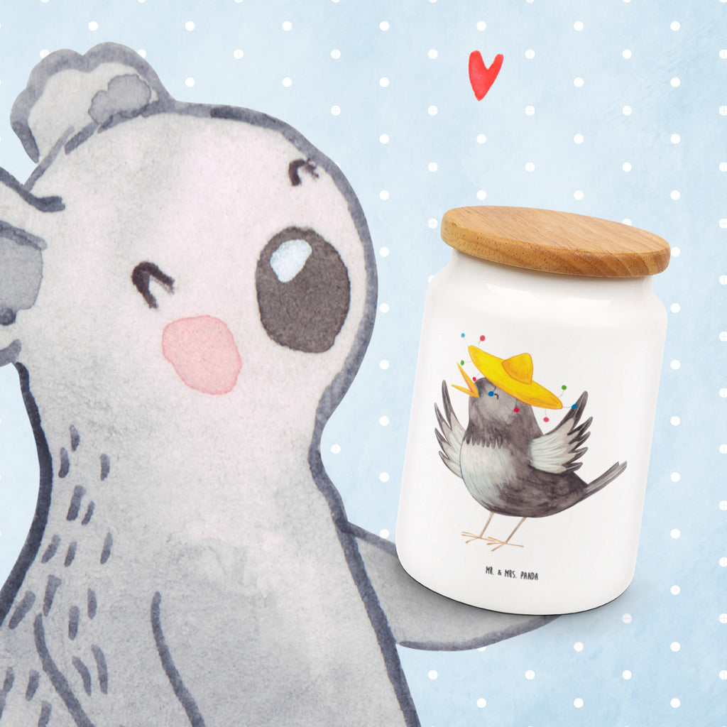 Vorratsdose Rabe mit Sombrero Vorratsdose, Keksdose, Keramikdose, Leckerlidose, Dose, Vorratsbehälter, Aufbewahrungsdose, Tiermotive, Gute Laune, lustige Sprüche, Tiere, Rabe, Vogel, Vögel, Spruch positiv, fröhlich sein, glücklich sein, Glück Spruch, froh, Elster, Motivation