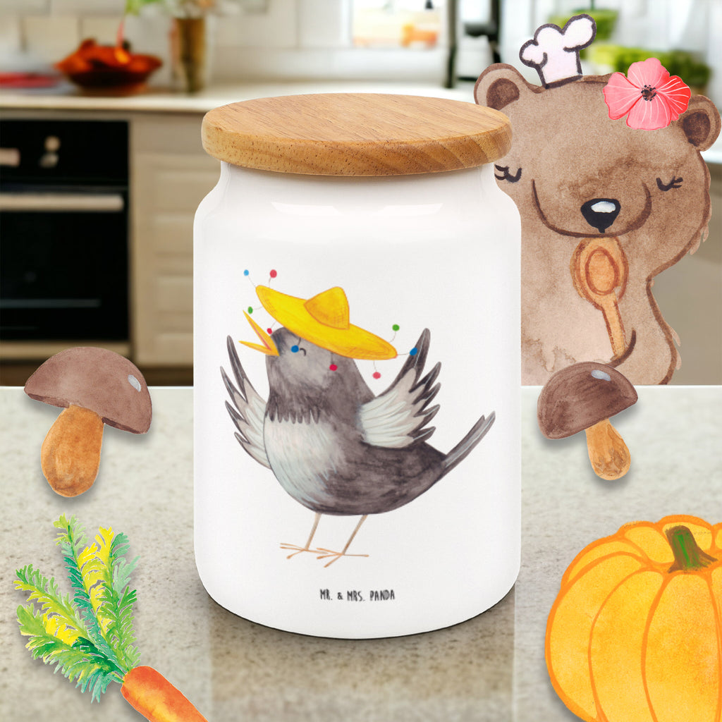 Vorratsdose Rabe mit Sombrero Vorratsdose, Keksdose, Keramikdose, Leckerlidose, Dose, Vorratsbehälter, Aufbewahrungsdose, Tiermotive, Gute Laune, lustige Sprüche, Tiere, Rabe, Vogel, Vögel, Spruch positiv, fröhlich sein, glücklich sein, Glück Spruch, froh, Elster, Motivation