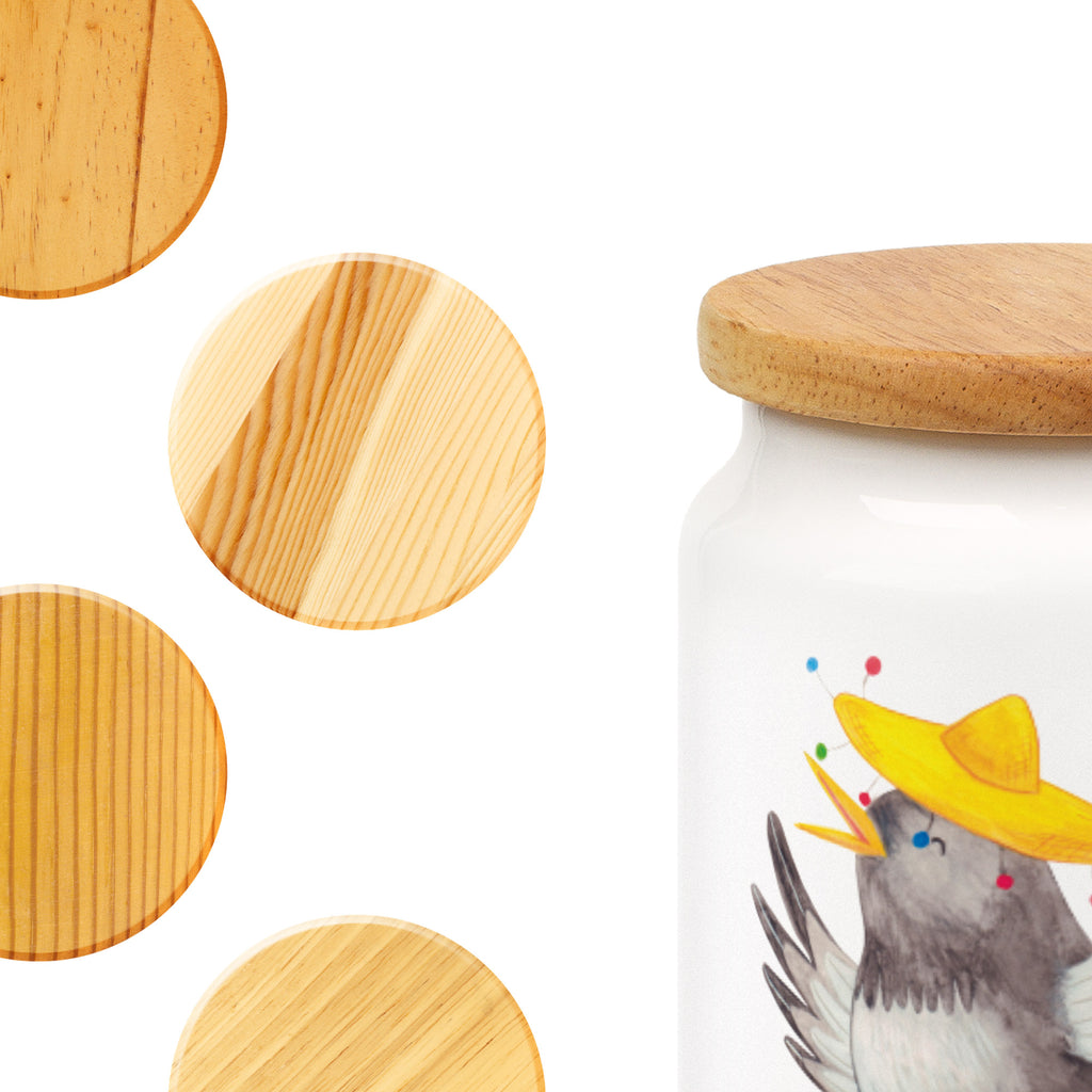 Vorratsdose Rabe mit Sombrero Vorratsdose, Keksdose, Keramikdose, Leckerlidose, Dose, Vorratsbehälter, Aufbewahrungsdose, Tiermotive, Gute Laune, lustige Sprüche, Tiere, Rabe, Vogel, Vögel, Spruch positiv, fröhlich sein, glücklich sein, Glück Spruch, froh, Elster, Motivation