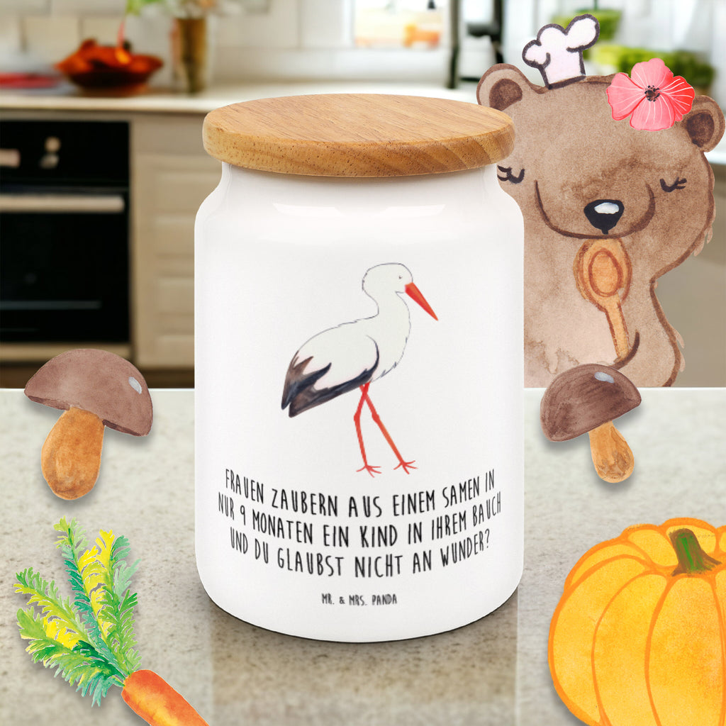 Vorratsdose Storch Storch, Störche, Schwangerschaft, Geburt, Mutter, Mütter, Mutter werden, Schwanger, Babybauch, Baby	 Vorratsdose, Keksdose, Keramikdose, Leckerlidose, Dose  süße Tiermotive, gute Laune, lustige Sprüche, Tiere