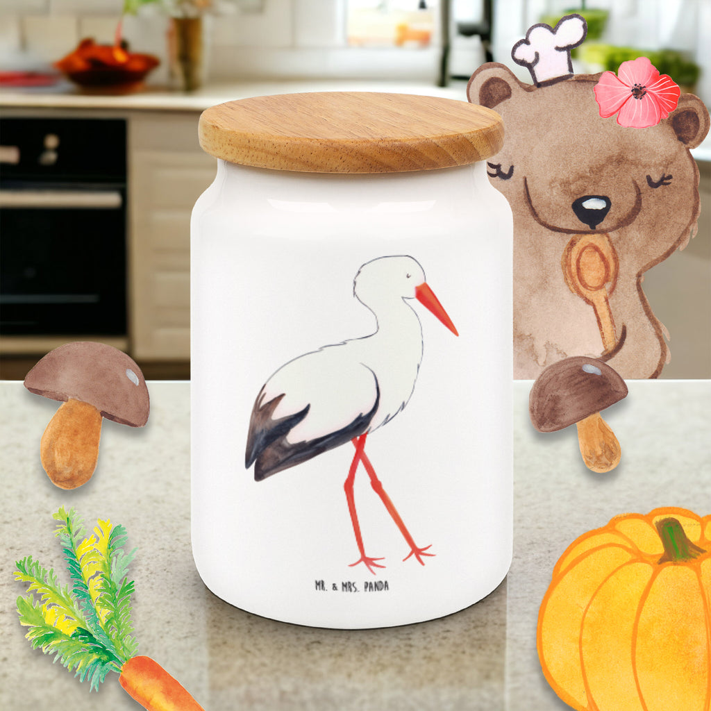 Vorratsdose Storch Storch, Störche, Schwangerschaft, Geburt, Mutter, Mütter, Mutter werden, Schwanger, Babybauch, Baby	 Vorratsdose, Keksdose, Keramikdose, Leckerlidose, Dose  süße Tiermotive, gute Laune, lustige Sprüche, Tiere