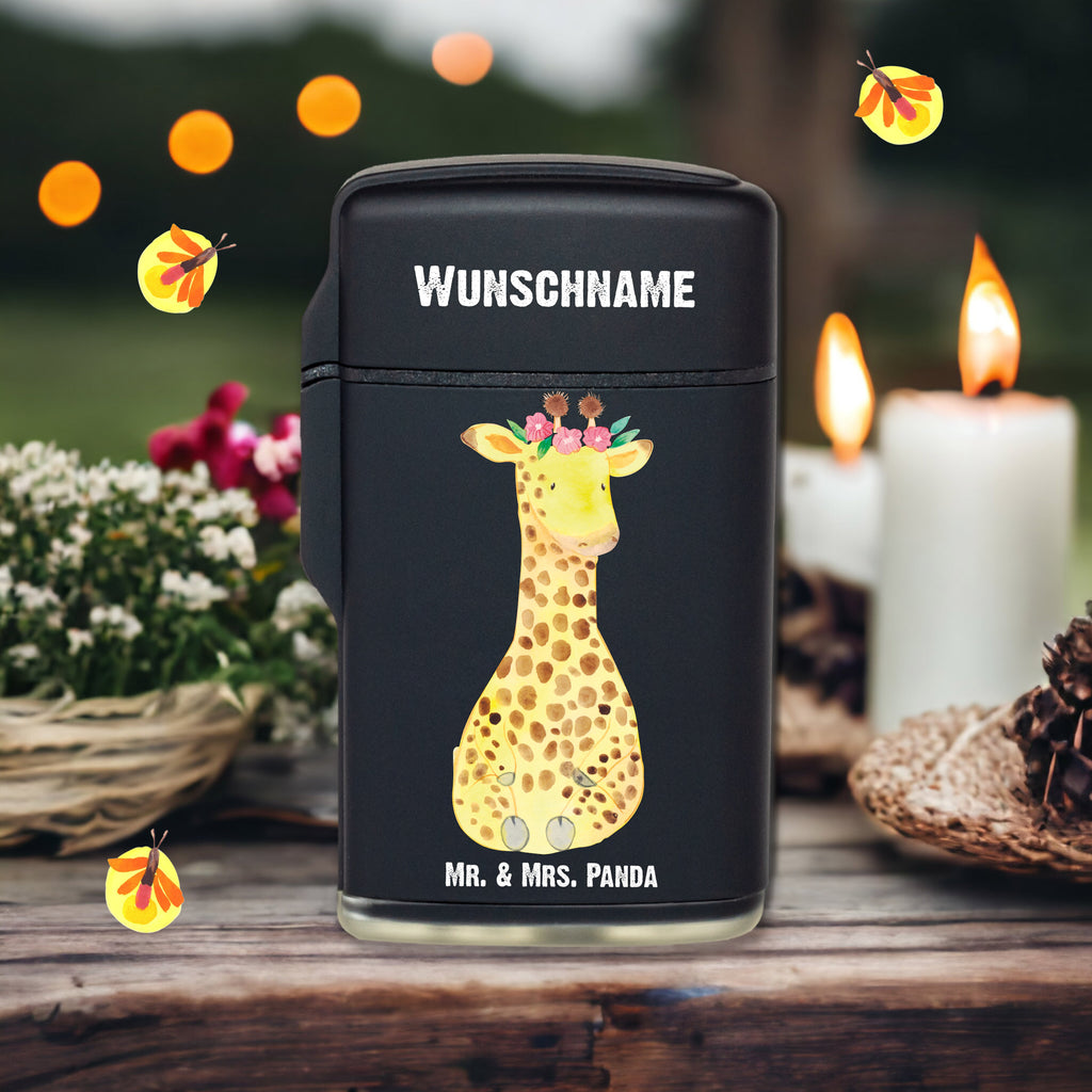Personalisiertes Feuerzeug Giraffe Blumenkranz Personalisiertes Feuerzeug, Personalisiertes Gas-Feuerzeug, Personalisiertes Sturmfeuerzeug, Afrika, Wildtiere, Giraffe, Blumenkranz, Abenteurer, Selbstliebe, Freundin