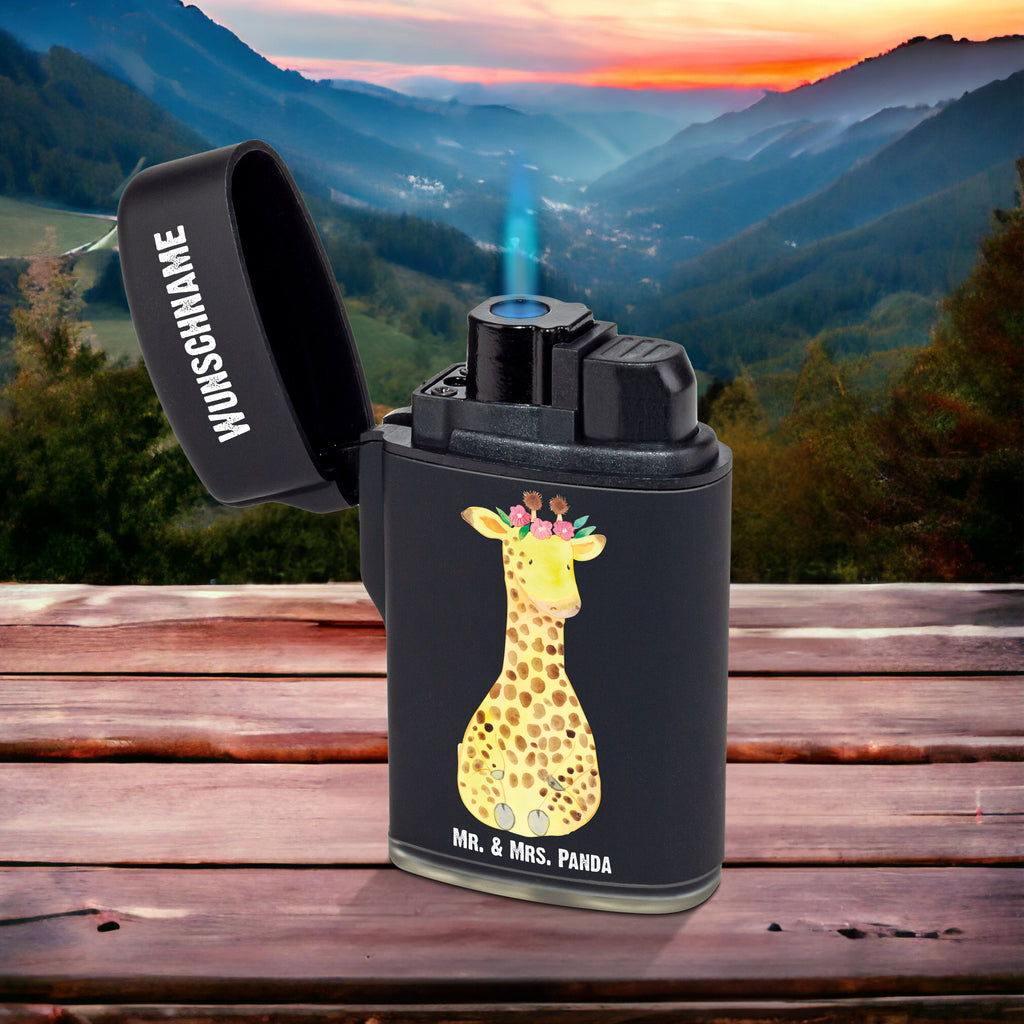 Personalisiertes Feuerzeug Giraffe Blumenkranz Personalisiertes Feuerzeug, Personalisiertes Gas-Feuerzeug, Personalisiertes Sturmfeuerzeug, Afrika, Wildtiere, Giraffe, Blumenkranz, Abenteurer, Selbstliebe, Freundin