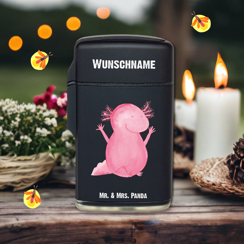 Personalisiertes Feuerzeug Axolotl Hurra Personalisiertes Feuerzeug, Personalisiertes Gas-Feuerzeug, Personalisiertes Sturmfeuerzeug, Axolotl, Molch, Axolot, Schwanzlurch, Lurch, Lurche, fröhlich, Spaß, Freude, Motivation, Zufriedenheit