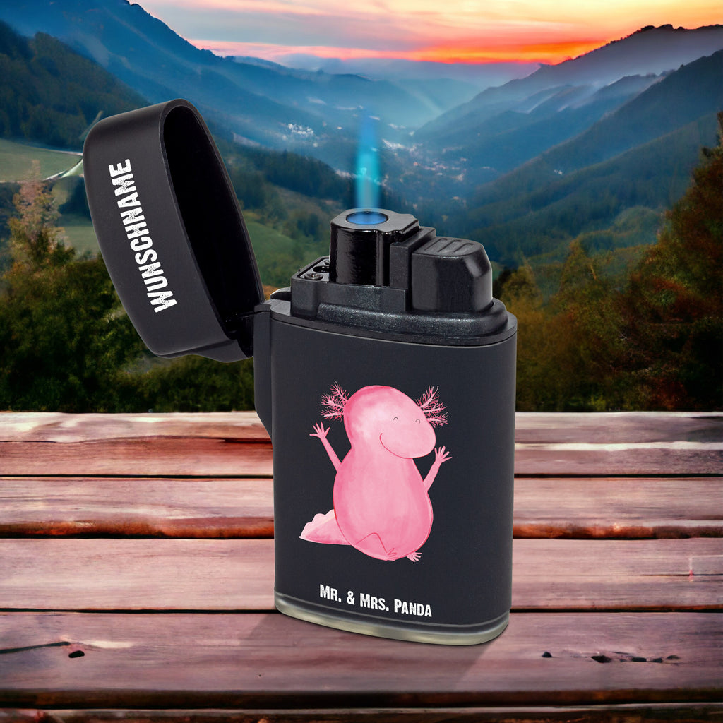 Personalisiertes Feuerzeug Axolotl Hurra Personalisiertes Feuerzeug, Personalisiertes Gas-Feuerzeug, Personalisiertes Sturmfeuerzeug, Axolotl, Molch, Axolot, Schwanzlurch, Lurch, Lurche, fröhlich, Spaß, Freude, Motivation, Zufriedenheit