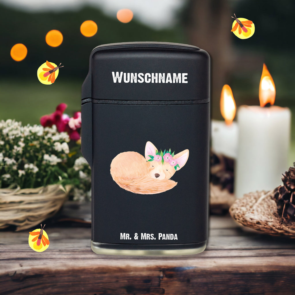 Personalisiertes Feuerzeug Wüstenfuchs Blumenkranz Personalisiertes Feuerzeug, Personalisiertes Gas-Feuerzeug, Personalisiertes Sturmfeuerzeug, Afrika, Wildtiere, Wüste, Wüstenfuchs, Blumen, Blumenkranz, Glücklich