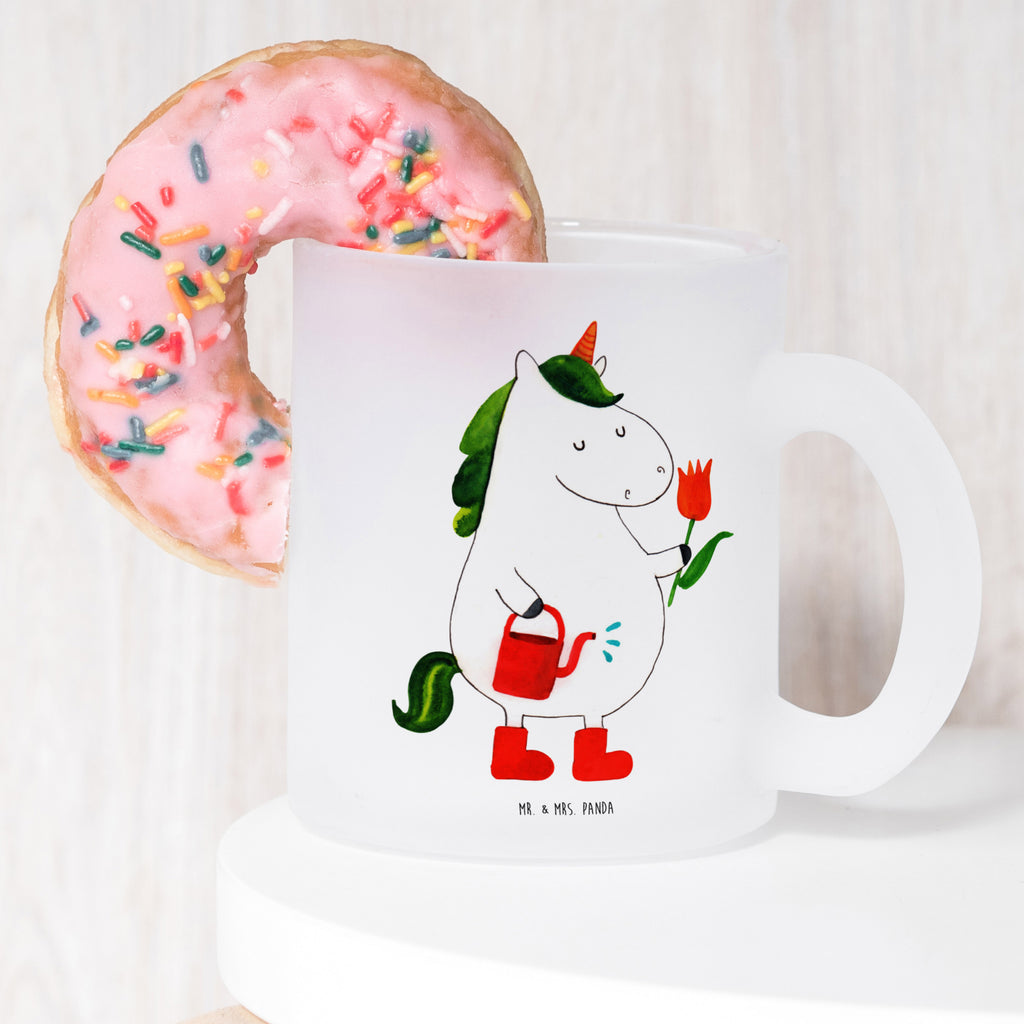 Teetasse Einhorn Gärtner Teetasse, Teeglas, Teebecher, Tasse mit Henkel, Tasse, Glas Teetasse, Teetasse aus Glas, Einhorn, Einhörner, Einhorn Deko, Pegasus, Unicorn, Luftballon, Gießkanne, Giesskanne, Lebenslust, Freude, Blume, Freundin, Garten, Stiefel
