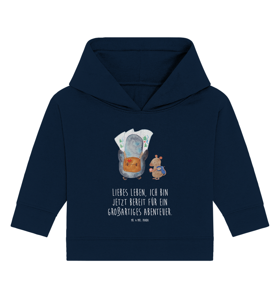 Organic Baby Hoodie Pinguin & Maus Wanderer Baby Kapuzenshirt, Baby Kapuzensweatshirt, Baby Hoodie, Baby Pullover, Pinguin, Pinguine, Abenteurer, Abenteuer, Roadtrip, Ausflug, Wanderlust, wandern