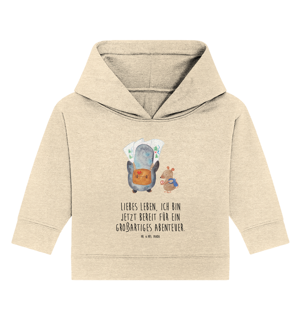Organic Baby Hoodie Pinguin & Maus Wanderer Baby Kapuzenshirt, Baby Kapuzensweatshirt, Baby Hoodie, Baby Pullover, Pinguin, Pinguine, Abenteurer, Abenteuer, Roadtrip, Ausflug, Wanderlust, wandern