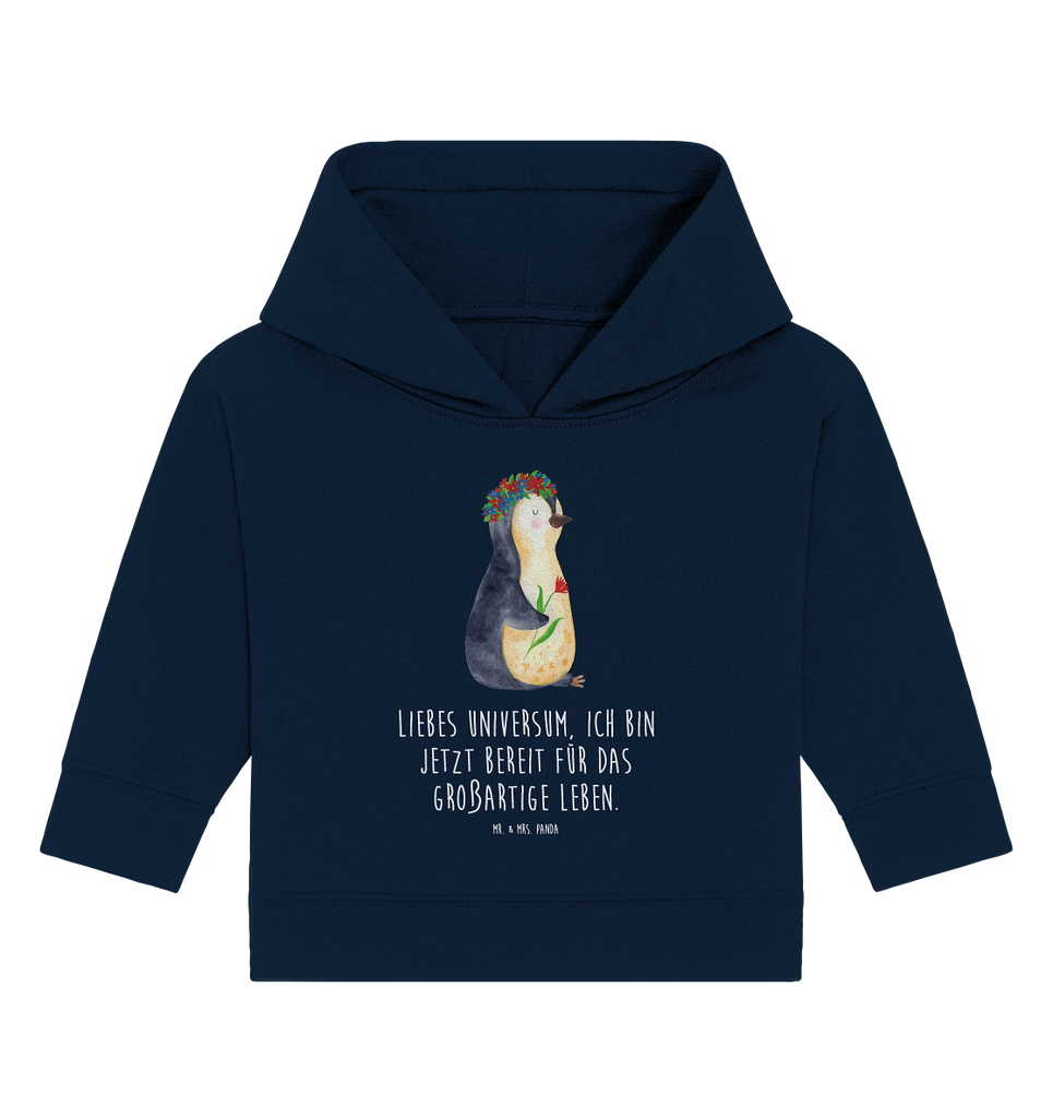 Organic Baby Hoodie Pinguin Blumenkranz Baby Kapuzenshirt, Baby Kapuzensweatshirt, Baby Hoodie, Baby Pullover, Pinguin, Pinguine, Blumenkranz, Universum, Leben, Wünsche, Ziele, Lebensziele, Motivation, Lebenslust, Liebeskummer, Geschenkidee