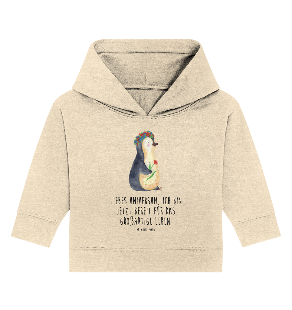 Organic Baby Hoodie Pinguin Blumenkranz Baby Kapuzenshirt, Baby Kapuzensweatshirt, Baby Hoodie, Baby Pullover, Pinguin, Pinguine, Blumenkranz, Universum, Leben, Wünsche, Ziele, Lebensziele, Motivation, Lebenslust, Liebeskummer, Geschenkidee