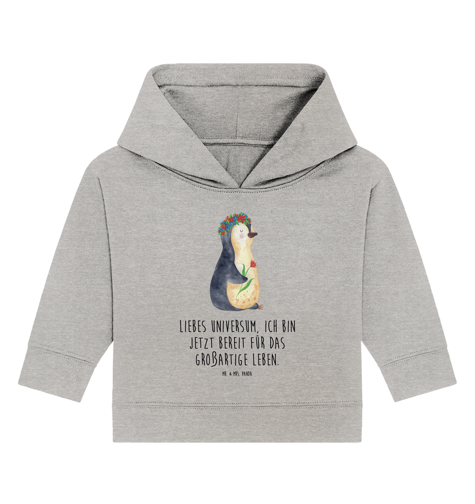 Organic Baby Hoodie Pinguin Blumenkranz Baby Kapuzenshirt, Baby Kapuzensweatshirt, Baby Hoodie, Baby Pullover, Pinguin, Pinguine, Blumenkranz, Universum, Leben, Wünsche, Ziele, Lebensziele, Motivation, Lebenslust, Liebeskummer, Geschenkidee