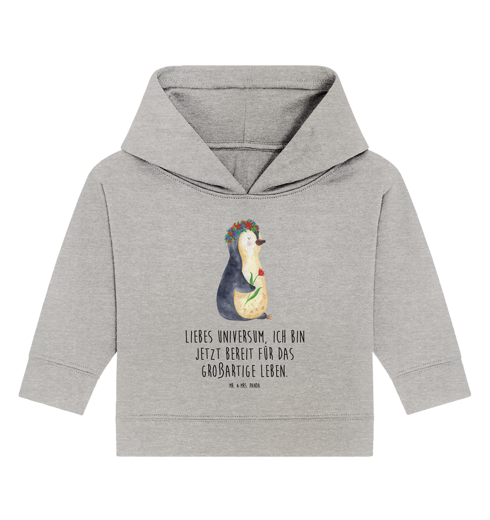 Organic Baby Hoodie Pinguin Blumenkranz Baby Kapuzenshirt, Baby Kapuzensweatshirt, Baby Hoodie, Baby Pullover, Pinguin, Pinguine, Blumenkranz, Universum, Leben, Wünsche, Ziele, Lebensziele, Motivation, Lebenslust, Liebeskummer, Geschenkidee