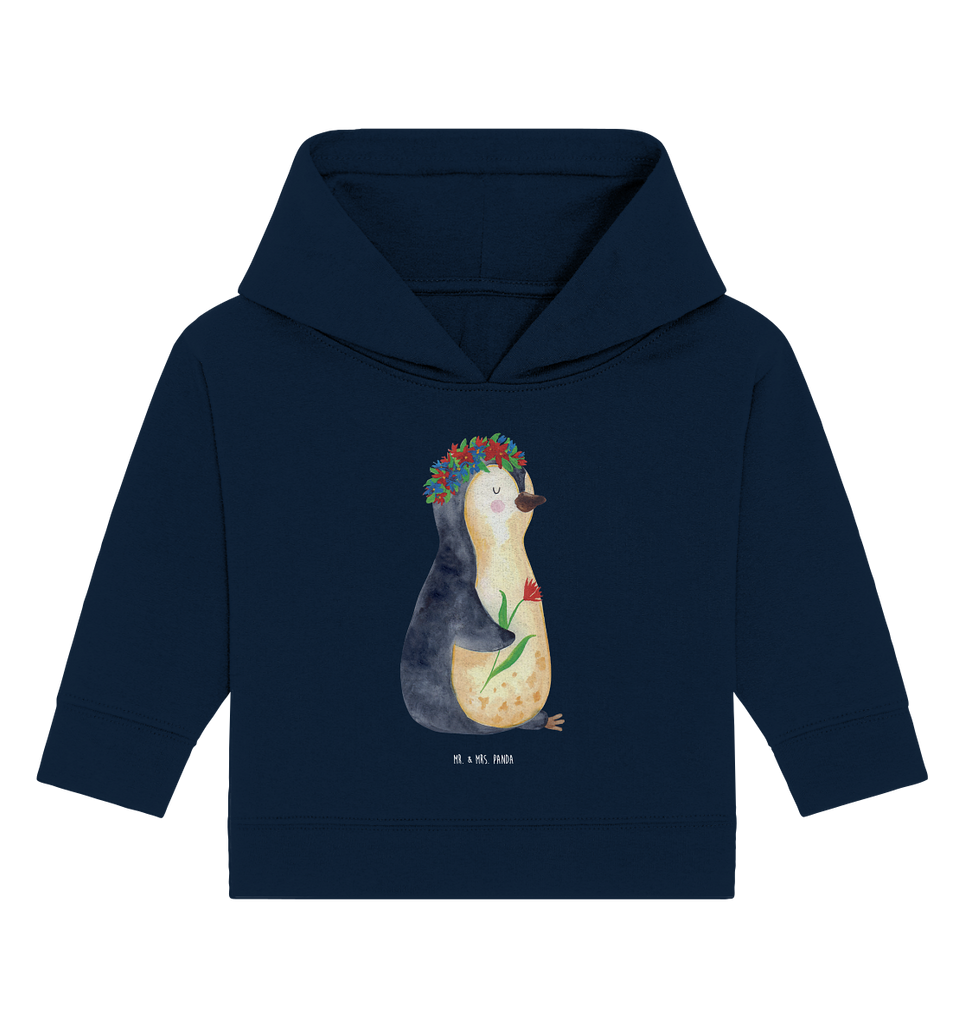 Organic Baby Hoodie Pinguin Blumenkranz Baby Kapuzenshirt, Baby Kapuzensweatshirt, Baby Hoodie, Baby Pullover, Pinguin, Pinguine, Blumenkranz, Universum, Leben, Wünsche, Ziele, Lebensziele, Motivation, Lebenslust, Liebeskummer, Geschenkidee