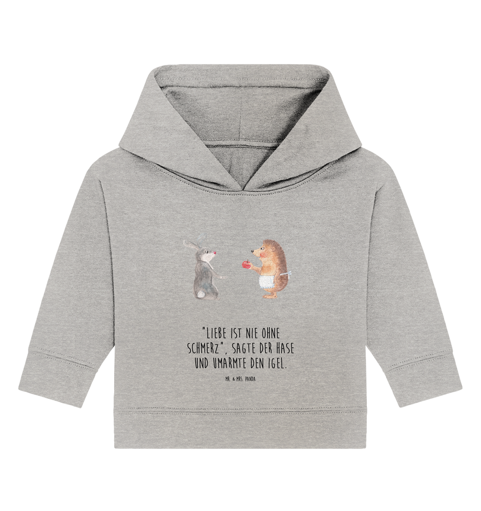 Organic Baby Hoodie Liebe ist nie ohne Schmerz Baby Kapuzenshirt, Baby Kapuzensweatshirt, Baby Hoodie, Baby Pullover, Tiermotive, Gute Laune, lustige Sprüche, Tiere, Igel und Hase, Igel, Hase, Liebe Spruch, Liebeskummer Geschenk, Herzschmerz, Trösten, Trennungsschmerz, Spruch romantisch