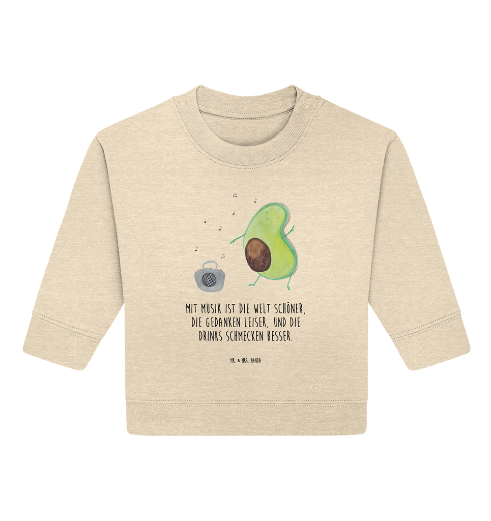 Organic Baby Pullover Avocado tanzt Wunderschöner Baby Pullover /Sweatshirt von Mr. & Mrs. Panda <br /><br />Material: <br />- 85 % Baumwolle (Bio-Qualität, ringgesponnen, gekämmt)<br />- 15 % Polyester (recycelt)</li><li>Grammatur: 280 g/m²<br />- Schnitt: normale Passform</li><li>Eingesetzte Ärmel<br />- Knopfleiste mit 1 gleichfarbigen Druckknopf und 1 verdeckten Druckknopf an Schulter für einfacheres Anziehen, Avocado, Veggie, Vegan, Gesund