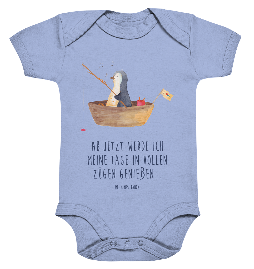 Organic Baby Body Pinguin Angelboot Babykleidung, Babystrampler, Strampler, Wickelbody, Baby Erstausstattung, Junge, Mädchen, Pinguin, Pinguine, Angeln, Boot, Angelboot, Lebenslust, Leben, genießen, Motivation, Neustart, Neuanfang, Trennung, Scheidung, Geschenkidee Liebeskummer