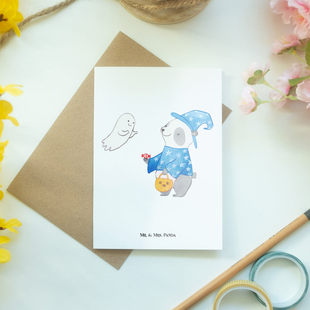 Grußkarte Panda Zauberer Klappkarte, Einladungskarte, Glückwunschkarte, Hochzeitskarte, Geburtstagskarte, Karte, Halloween, Deko, Martinssingen, Dekoration, Geschenke, Schenken, Halloween Deko, Trick or Treat, Süßes sonst gibt's saures, Panda, Zauberer, Gespenst