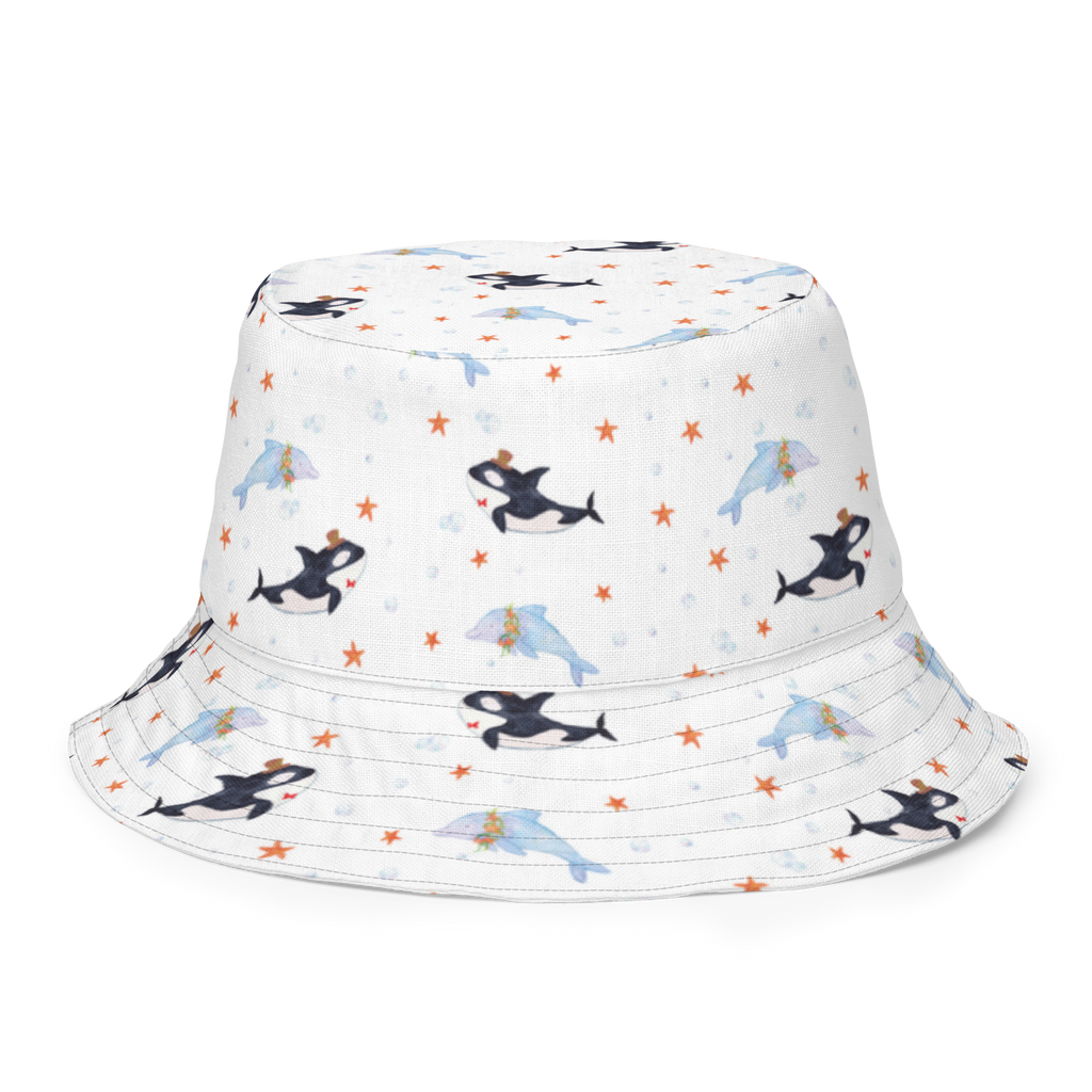 Sonnenhut Orca Zylinder Sonnenhut, Sommerhut, Fischerhut, Anglerhut, Wendehut, Wendecap, Wendemütze, Sonnenmütze, zweifarbiger Hut, Strandhut, Freizeithut, Outdoorhut, Meerestiere, Meer, Urlaub, Narwal, Glitter, Konfetti, Glitzer, Geburtstag, Feier, Fete, Fest, Glückwunsch, Orca