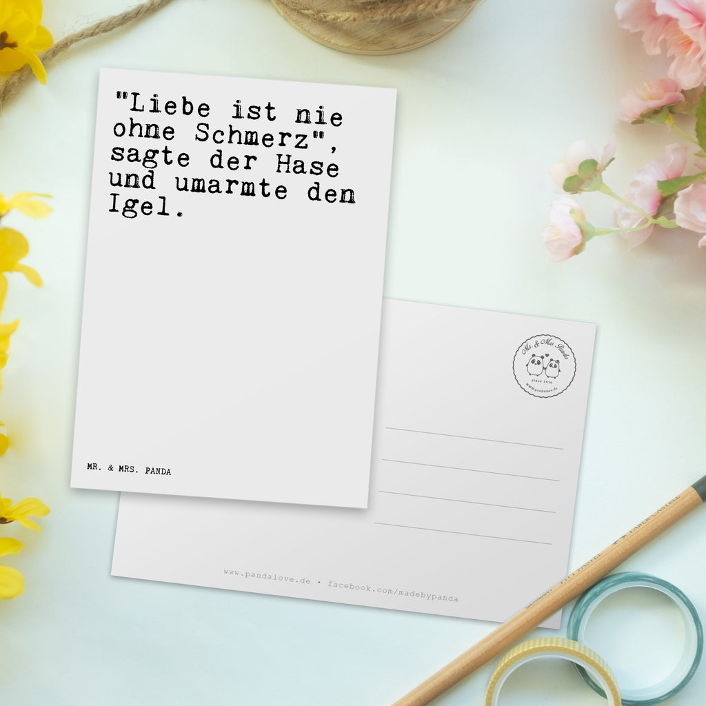 Postkarte Sprüche und Zitate "Liebe ist nie ohne Schmerz", sagte der Hase und umarmte den Igel. Geschenkkarte, Grußkarte, Karte, Einladung, Ansichtskarte, Geburtstagskarte, Einladungskarte, Dankeskarte, Spruch, Sprüche, lustig, Weisheiten, Zitate, Spruch Sprüche Weisheiten Zitate Lustig Weisheit Worte