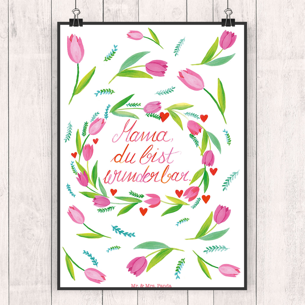 Poster Mama Tulpen Mama, Mutter, Mami, Mutti, Mom,  Poster, Wandposter, Bild, Wanddeko, Küchenposter, Kinderposter, Wanddeko Bild, Raumdekoration, Wanddekoration, Handgemaltes Poster, Mr. & Mrs. Panda Poster, Designposter, Kunstdruck, Posterdruck  Blumen Deko, Frühlings Deko, Sommer Deko, Dekoration, positive Botschaft, Naturliebhaber, Outdoor, Natur, Abenteuer