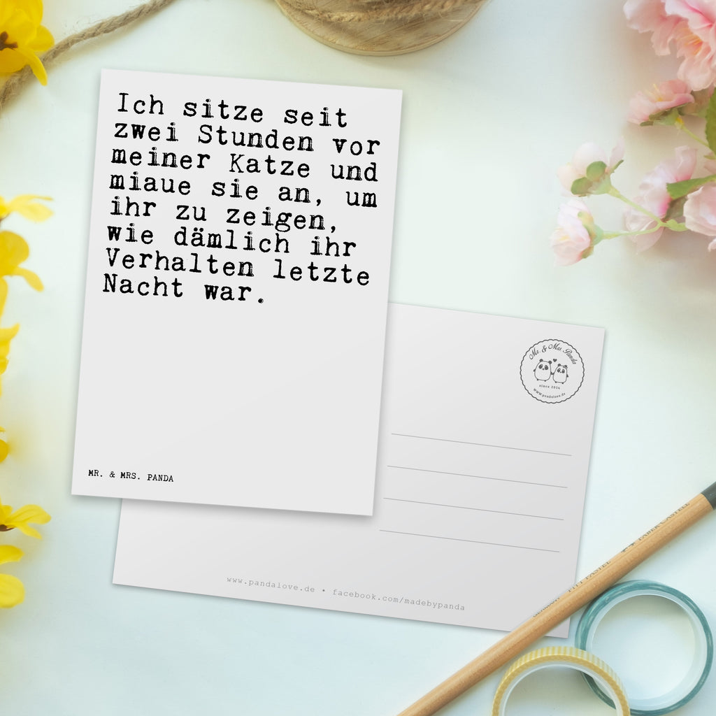 Postkarte Sprüche und Zitate Ich sitze seit zwei Stunden vor meiner Katze und miaue sie an, um ihr zu zeigen, wie dämlich ihr Verhalten letzte Nacht war. Geschenkkarte, Grußkarte, Karte, Einladung, Ansichtskarte, Geburtstagskarte, Einladungskarte, Dankeskarte, Spruch, Sprüche, lustig, Weisheiten, Zitate, Spruch Sprüche Weisheiten Zitate Lustig Weisheit Worte