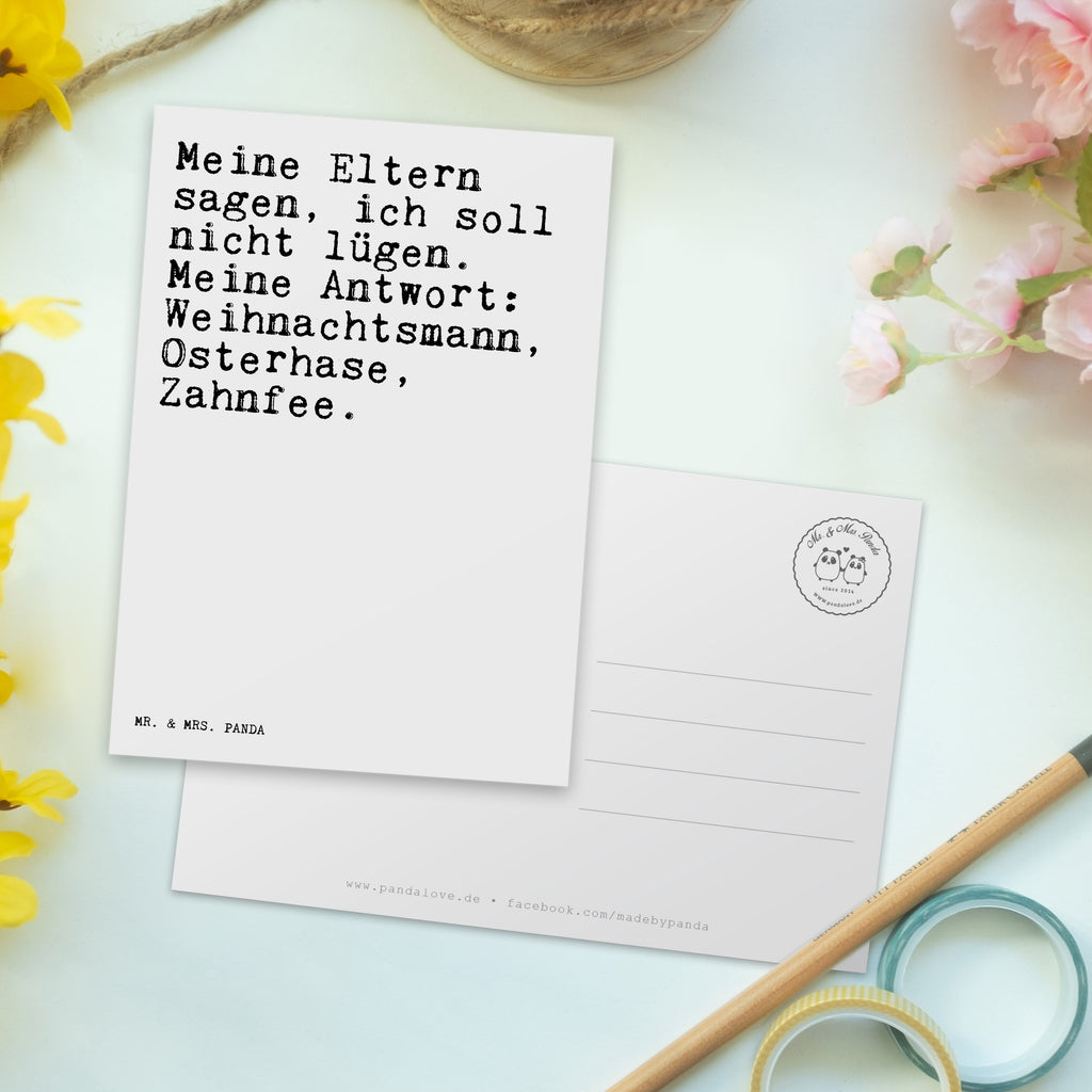 Postkarte Sprüche und Zitate Meine Eltern sagen, ich soll nicht lügen. Meine Antwort: Weihnachtsmann, Osterhase, Zahnfee. Geschenkkarte, Grußkarte, Karte, Einladung, Ansichtskarte, Geburtstagskarte, Einladungskarte, Spruch, Sprüche, lustig, Weisheiten, Zitate, Spruch Sprüche Weisheiten Zitate Lustig Weisheit Worte