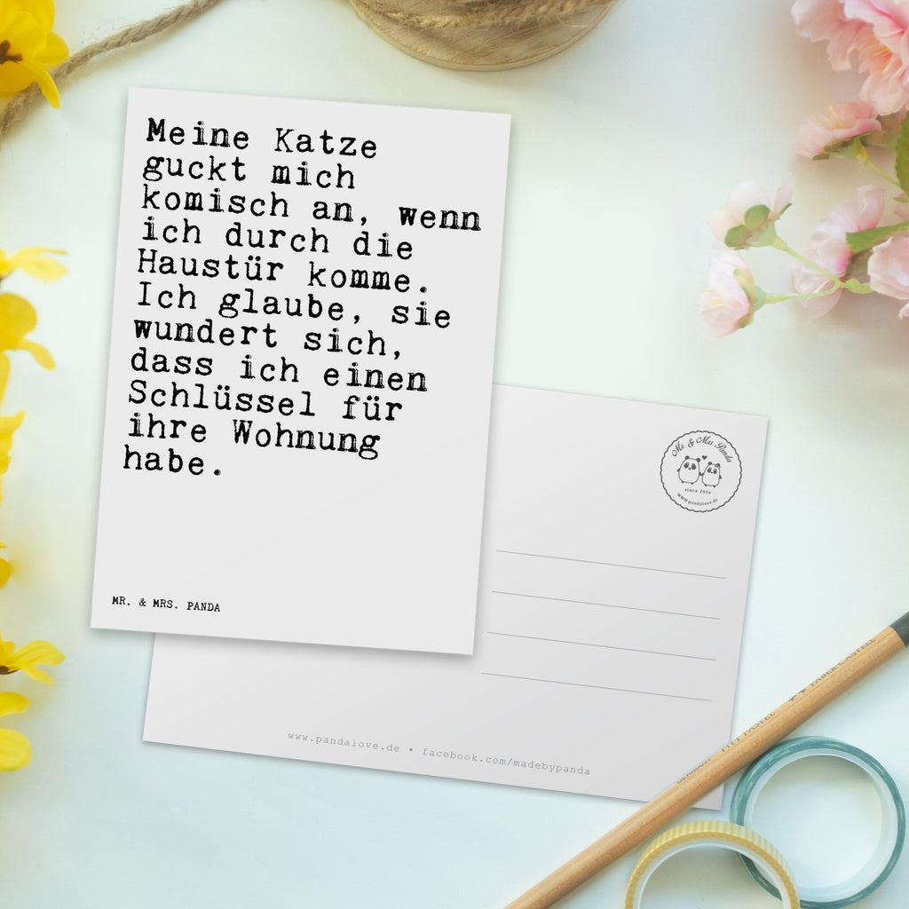 Postkarte Sprüche und Zitate Meine Katze guckt mich komisch an, wenn ich durch die Haustür komme. Ich glaube, sie wundert sich, dass ich einen Schlüssel für ihre Wohnung habe. Geschenkkarte, Grußkarte, Karte, Einladung, Ansichtskarte, Geburtstagskarte, Einladungskarte, Spruch, Sprüche, lustig, Weisheiten, Zitate, Spruch Sprüche Weisheiten Zitate Lustig Weisheit Worte