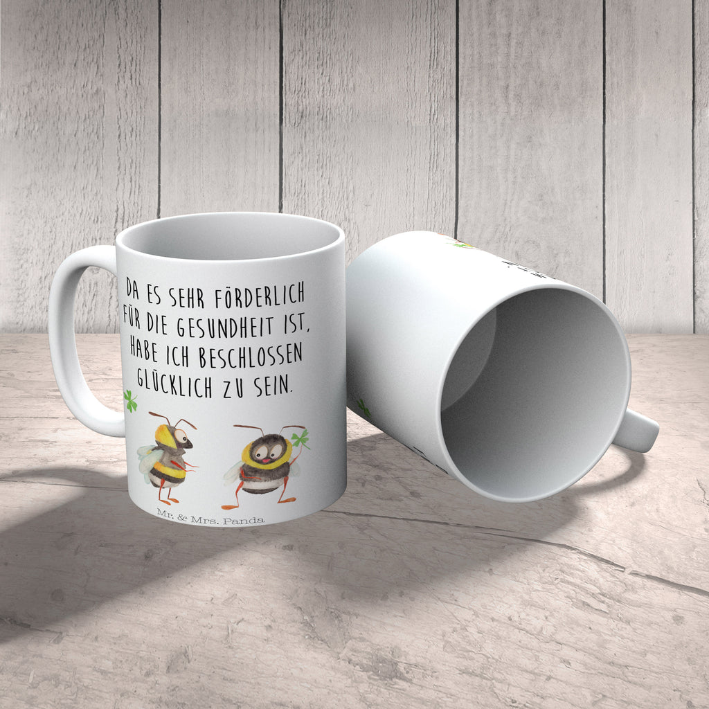 Tasse Hummeln mit Kleeblatt Hummel, Biene, Spruch positiv, Biene Deko, Spruch schön, glücklich sein, glücklich werden, Spruch fröhlich Becher, Kaffeetasse, Kaffeebecher, Tee, Frühstück, Büro  süße Tiermotive, gute Laune, lustige Sprüche, Tiere
