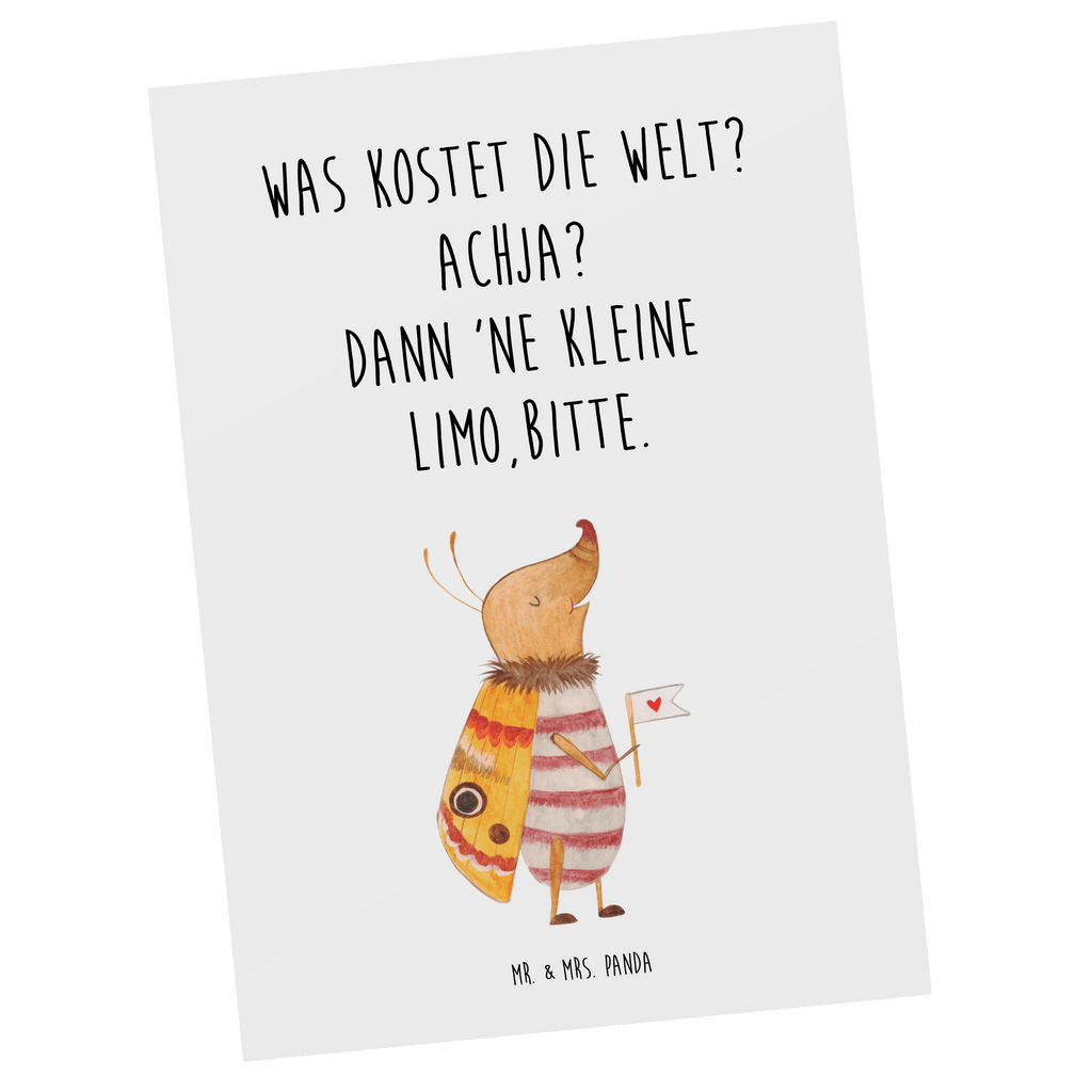 Postkarte Nachtfalter mit Fähnchen Geschenkkarte, Grußkarte, Karte, Einladung, Ansichtskarte, Geburtstagskarte, Einladungskarte, Dankeskarte, Tiermotive, Gute Laune, lustige Sprüche, Tiere, Nachtfalter, Käfer, Spruch lustig, Spruch witzig, süß, niedlich, Küche Deko, Was kostet die Welt