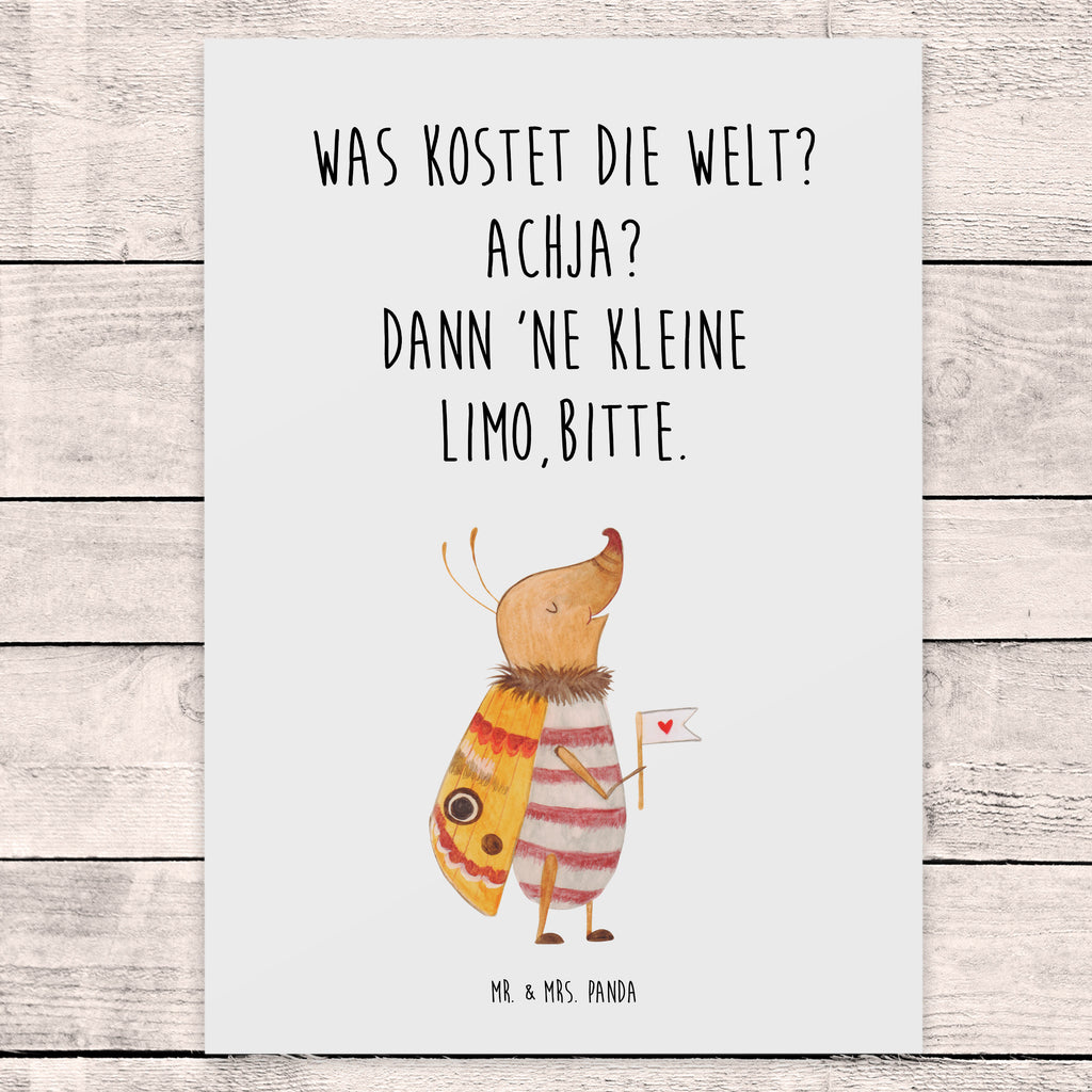 Postkarte Nachtfalter mit Fähnchen Geschenkkarte, Grußkarte, Karte, Einladung, Ansichtskarte, Geburtstagskarte, Einladungskarte, Dankeskarte, Tiermotive, Gute Laune, lustige Sprüche, Tiere, Nachtfalter, Käfer, Spruch lustig, Spruch witzig, süß, niedlich, Küche Deko, Was kostet die Welt