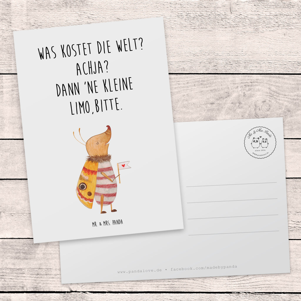 Postkarte Nachtfalter mit Fähnchen Geschenkkarte, Grußkarte, Karte, Einladung, Ansichtskarte, Geburtstagskarte, Einladungskarte, Dankeskarte, Tiermotive, Gute Laune, lustige Sprüche, Tiere, Nachtfalter, Käfer, Spruch lustig, Spruch witzig, süß, niedlich, Küche Deko, Was kostet die Welt