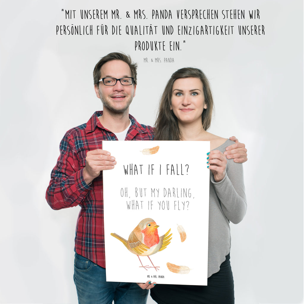 Poster Rotkehlchen mit Federn Poster, Wandposter, Bild, Wanddeko, Küchenposter, Kinderposter, Wanddeko Bild, Raumdekoration, Wanddekoration, Handgemaltes Poster, Mr. & Mrs. Panda Poster, Designposter, Kunstdruck, Posterdruck, Tiermotive, Gute Laune, lustige Sprüche, Tiere, What if i fall, Rotkehlchen, Spruch Motivation, Spruch Mut, Vogel, Motivation Sprüche, Motivationsbilder, fliegen