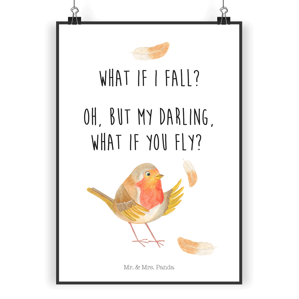 Poster Rotkehlchen mit Federn Poster, Wandposter, Bild, Wanddeko, Küchenposter, Kinderposter, Wanddeko Bild, Raumdekoration, Wanddekoration, Handgemaltes Poster, Mr. & Mrs. Panda Poster, Designposter, Kunstdruck, Posterdruck, Tiermotive, Gute Laune, lustige Sprüche, Tiere, What if i fall, Rotkehlchen, Spruch Motivation, Spruch Mut, Vogel, Motivation Sprüche, Motivationsbilder, fliegen