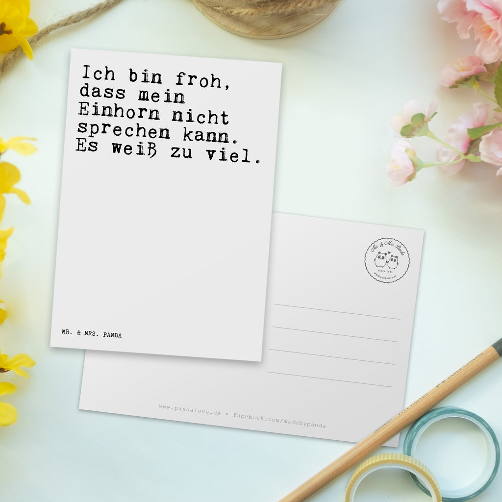 Postkarte Sprüche und Zitate Ich bin froh, dass mein Einhorn nicht sprechen kann. Es weiß zu viel. Geschenkkarte, Grußkarte, Karte, Einladung, Ansichtskarte, Geburtstagskarte, Einladungskarte, Dankeskarte, Spruch, Sprüche, lustig, Weisheiten, Zitate, Spruch Sprüche Weisheiten Zitate Lustig Weisheit Worte
