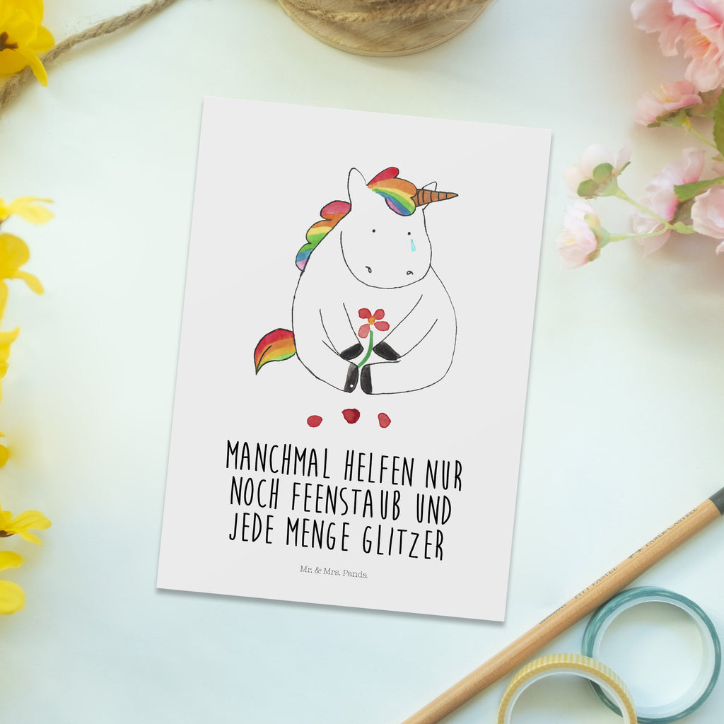 Postkarte Einhorn Traurig Geschenkkarte, Grußkarte, Karte, Einladung, Ansichtskarte, Geburtstagskarte, Einladungskarte, Einhorn, Einhörner, Einhorn Deko, Pegasus, Unicorn, Glitzer, Trösten. Freundschaft, Freunde, Liebe, Trauer, Blume