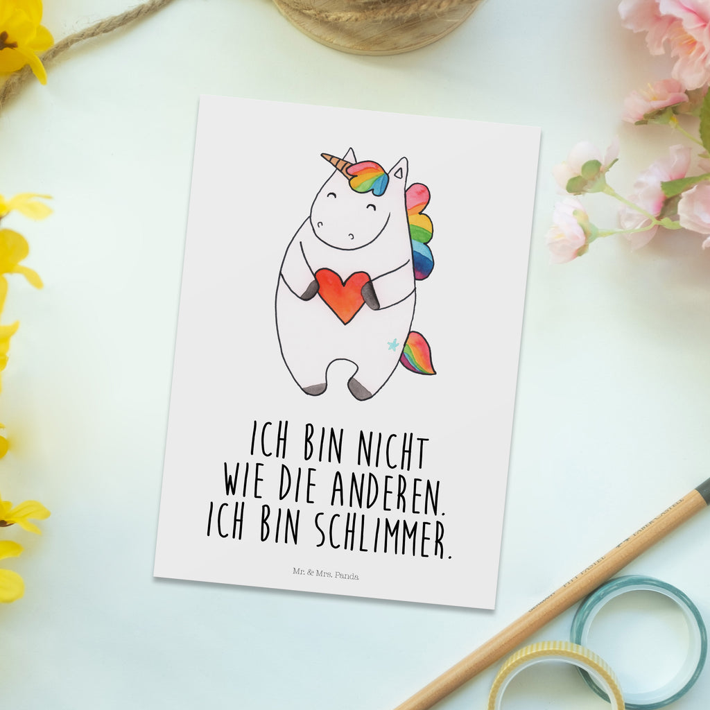 Postkarte Einhorn Herz Geschenkkarte, Grußkarte, Karte, Einladung, Ansichtskarte, Geburtstagskarte, Einladungskarte, Einhorn, Einhörner, Einhorn Deko, Pegasus, Unicorn, Herz, schlimm, böse, witzig, lustig, Freundin, anders, bunt